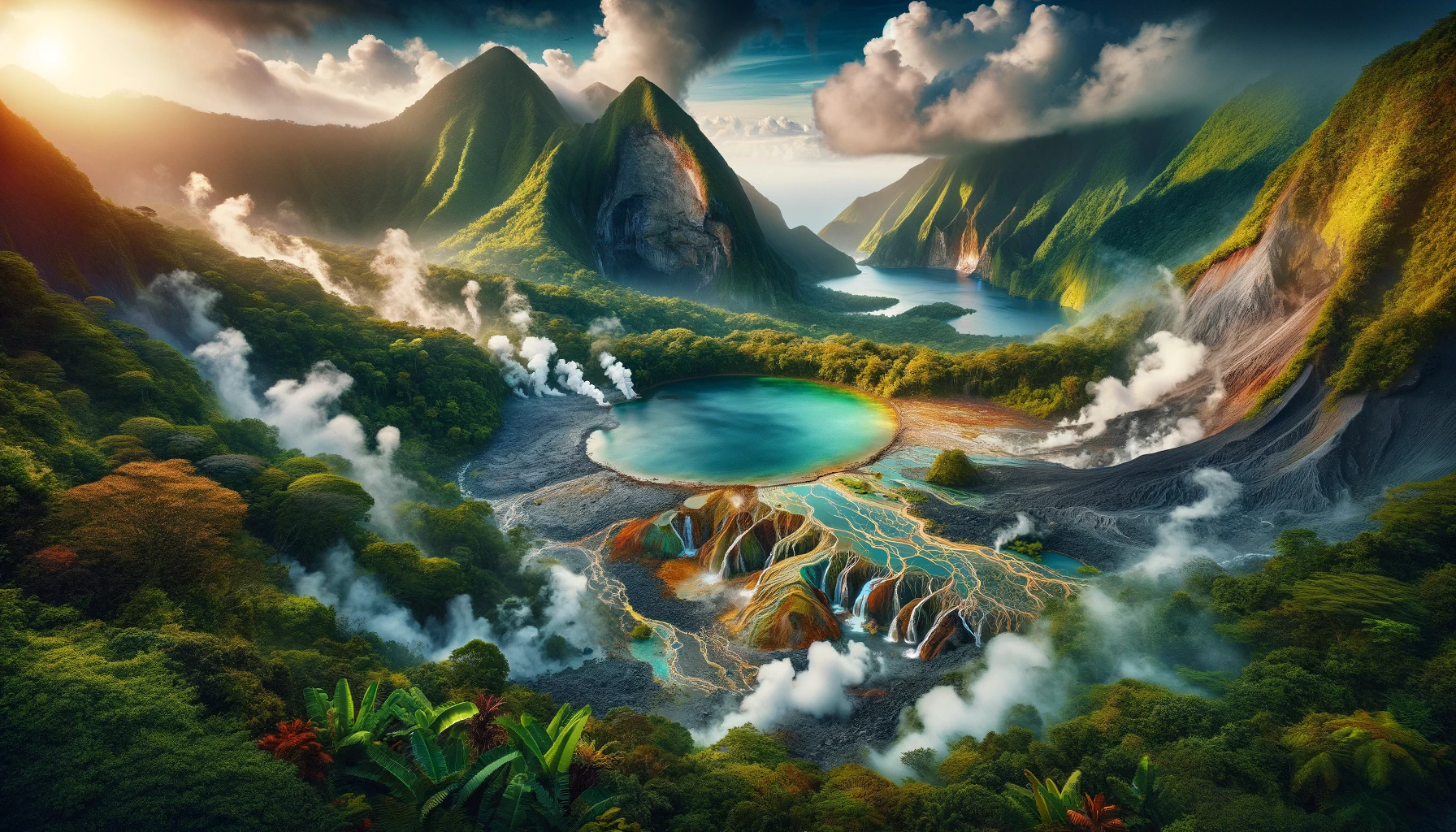 DALL·E 2024-03-07 14.24.42 - Create an image that vividly captures the essence of Morne Trois Pitons National Park in Dominica, one of the island's most popular and UNESCO-listed