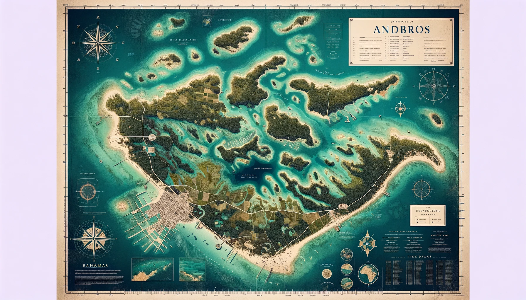 DALL·E 2024-03-07 14.15.07 - Design an artistic rendition of a map showcasing Andros Island in The Bahamas. This map should highlight the island's key geographical features and la